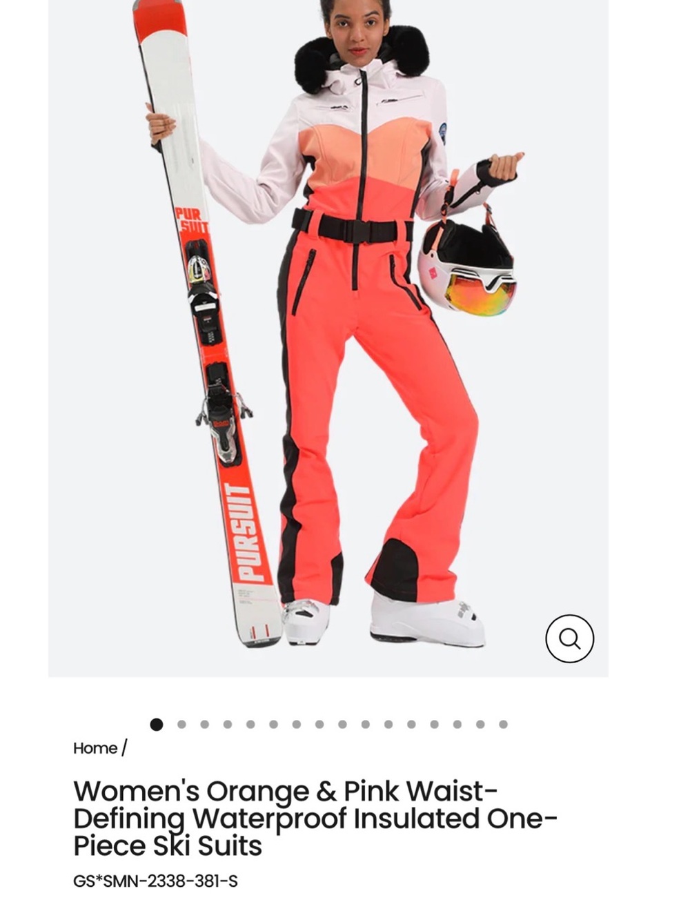 Women's Orange & Pink Waist-Defining Waterproof Insulated One-Piece Ski Suit (M)